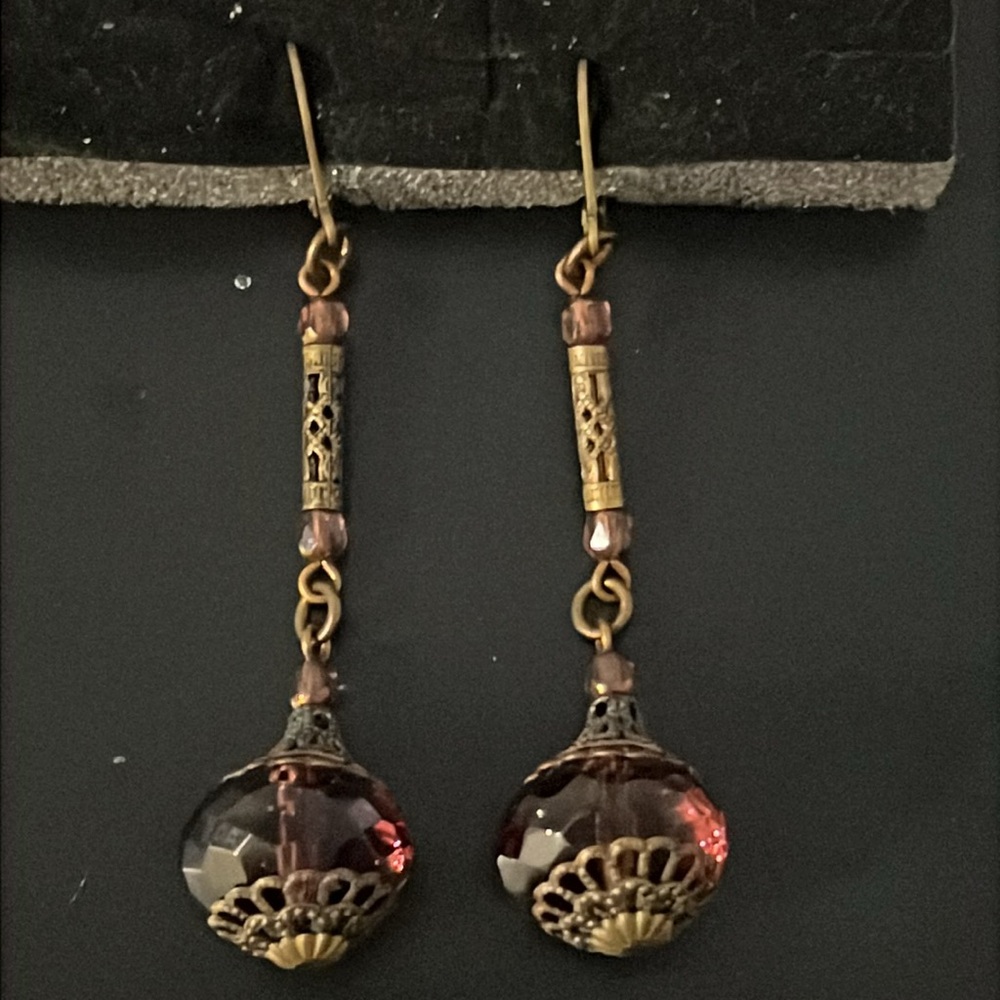 Antique Art Nouveau Bronze Filagree Purple Czech Glass Beaded Drop Earrings - Picture 8 of 15